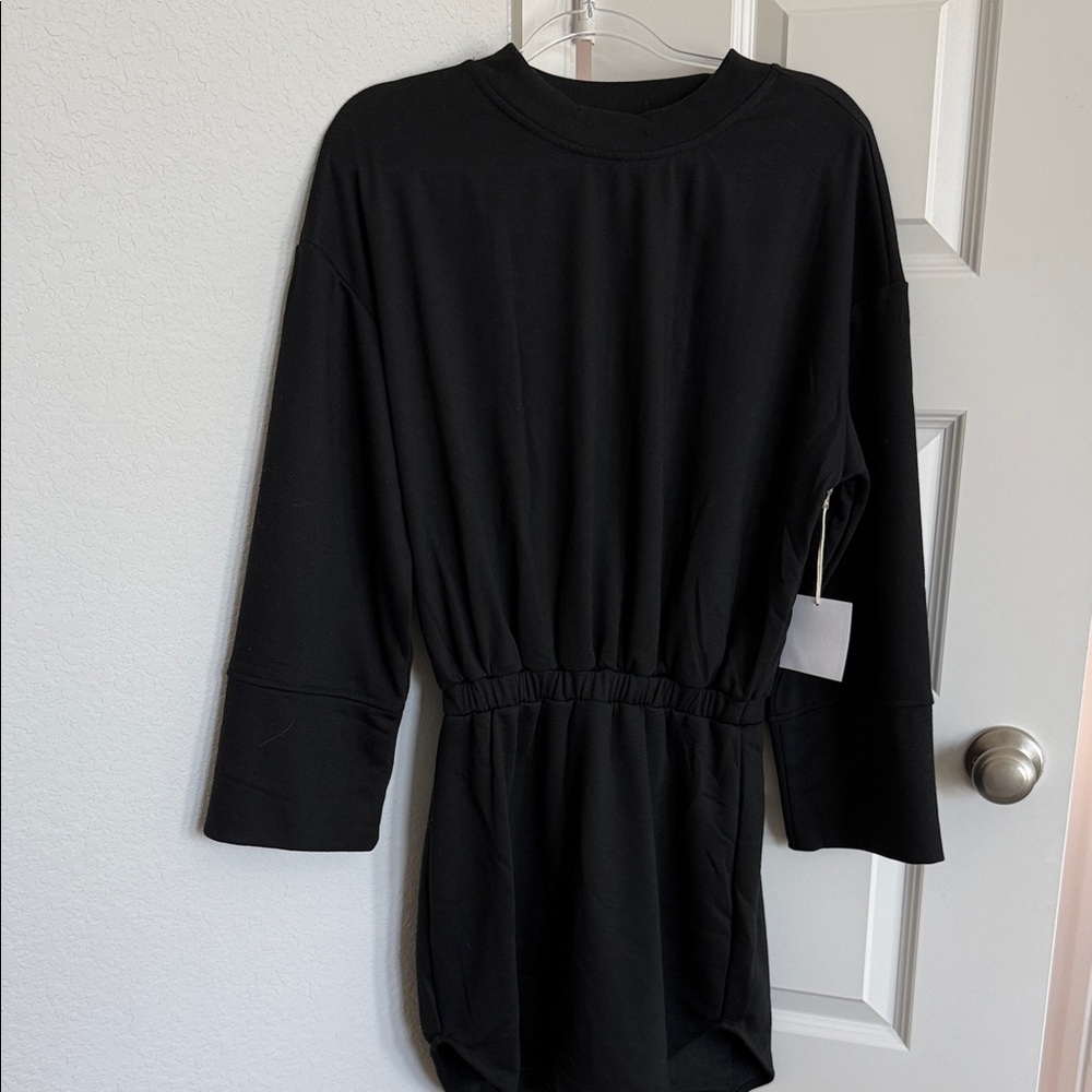 Black Long Sleeve Cinched Waist Mini Sweatshirt  Dress